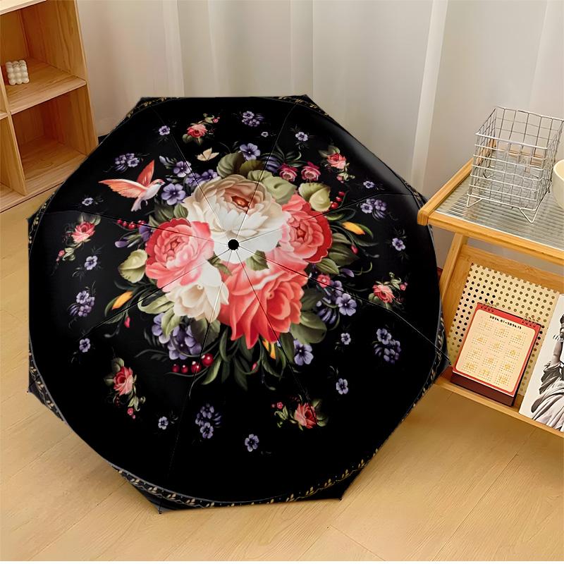 Retro flowers (2) Theme Automatic Umbrella Compact 8-Rib Design Sturdy Construction Durable Umbrella Stylish Accessory