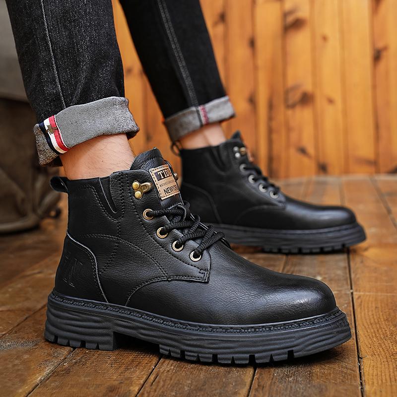 New 2024 Genuine Leather Casual Ankle Boots Men Round Toe Boots Comfy Lace-Up Anti-Slip Boots Outdoor Fashion Brand Casual Boots