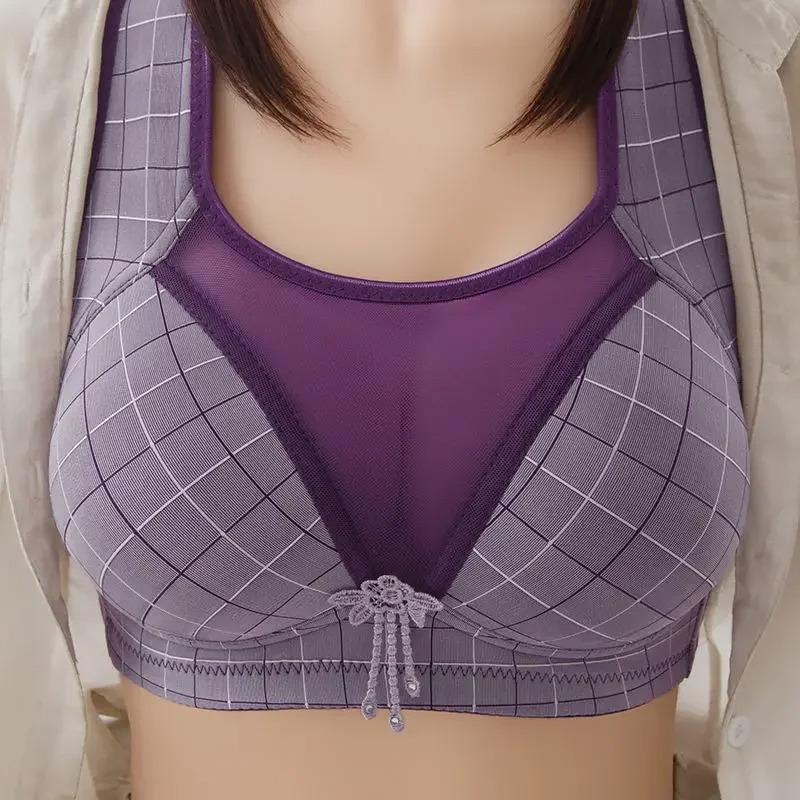 Wire Free Plaid Thin B C 3/4 Cup Women Large Size Bra Adjustable Lace Transparent Gather Push Up Wireless Bras Sexy Lingerie