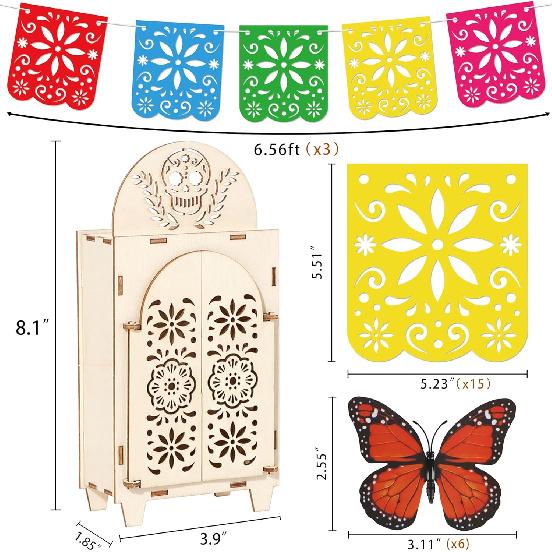 10Pcs Dia De Los Muertos Decorations Wooden Shadow Box Day of The Dead Ofrenda Altar Decor with Papel Picado Butterfly Remembrance Supplies