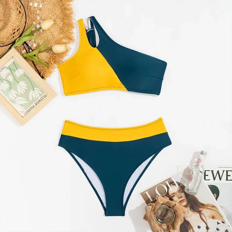 Сексуальный купальник бандо пуш-ап женский лоскутный купальник из 2 частей на одно плечо с высокой талией купальный костюм женская пляжная одежда