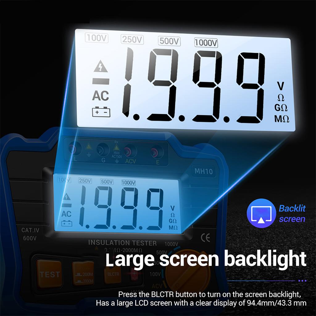 Insulation Resistance Tester 100VCelsius 250VCelsius 500VCelsius 1000V Resistance Tester with LCD Backlight Digital Display Screen