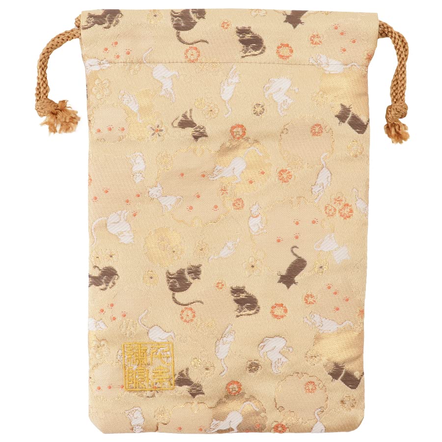 Senshishuin Nishijin Brocade Drawstring Bag Snowflake Cat Medium Size (Lined) Honey-Colored Design,