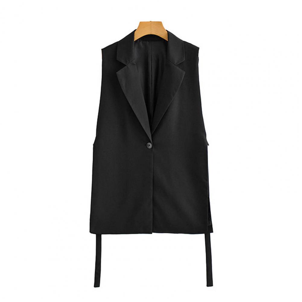 Women Vest Coat Turn-down Collar Sleeveless Loose Solid Color Single Button Cardigan Strap Decor Mid Length Commute Formal Suit
