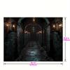 Gothic castle fabric background - versatile polyester walls with old black bricks, stone arches and torches for Halloween