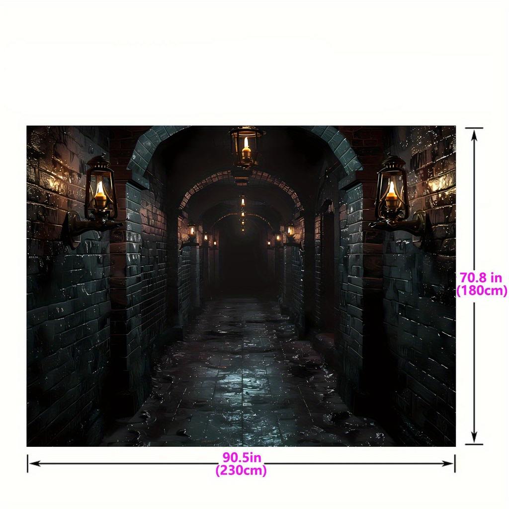 Gothic castle fabric background - versatile polyester walls with old black bricks, stone arches and torches for Halloween