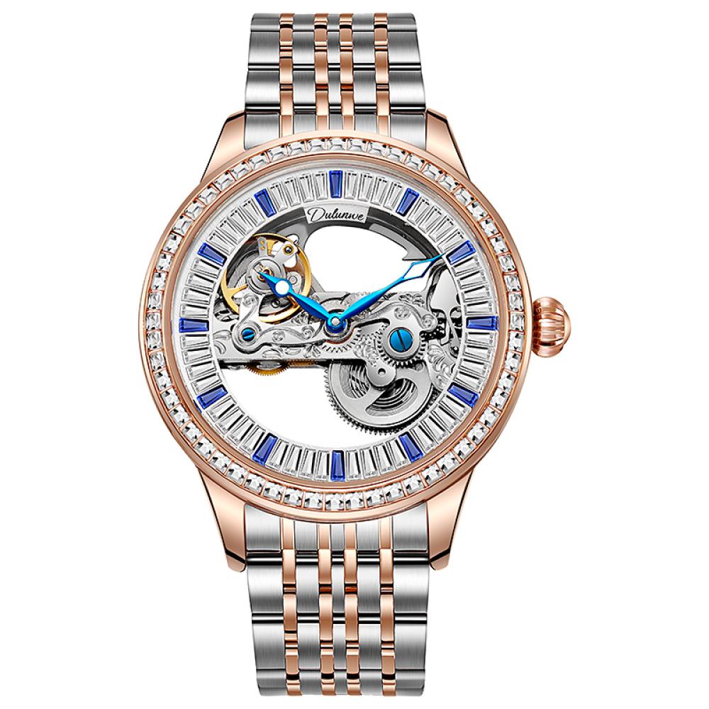 Dulunwe Роскошные полые автоматические наручные часы модные скелетонированные бриллиантовые мужские механические часы со стразами водонепроницаемые часы