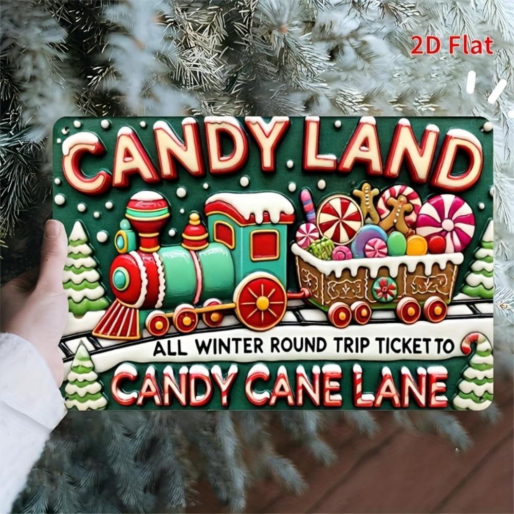 Винтажный металлический настенный декор Candyland - Зимний билет на Конфетную улицу с красочным поездом и пряничным человечком, 7,87x11,81 дюйма, для улицы