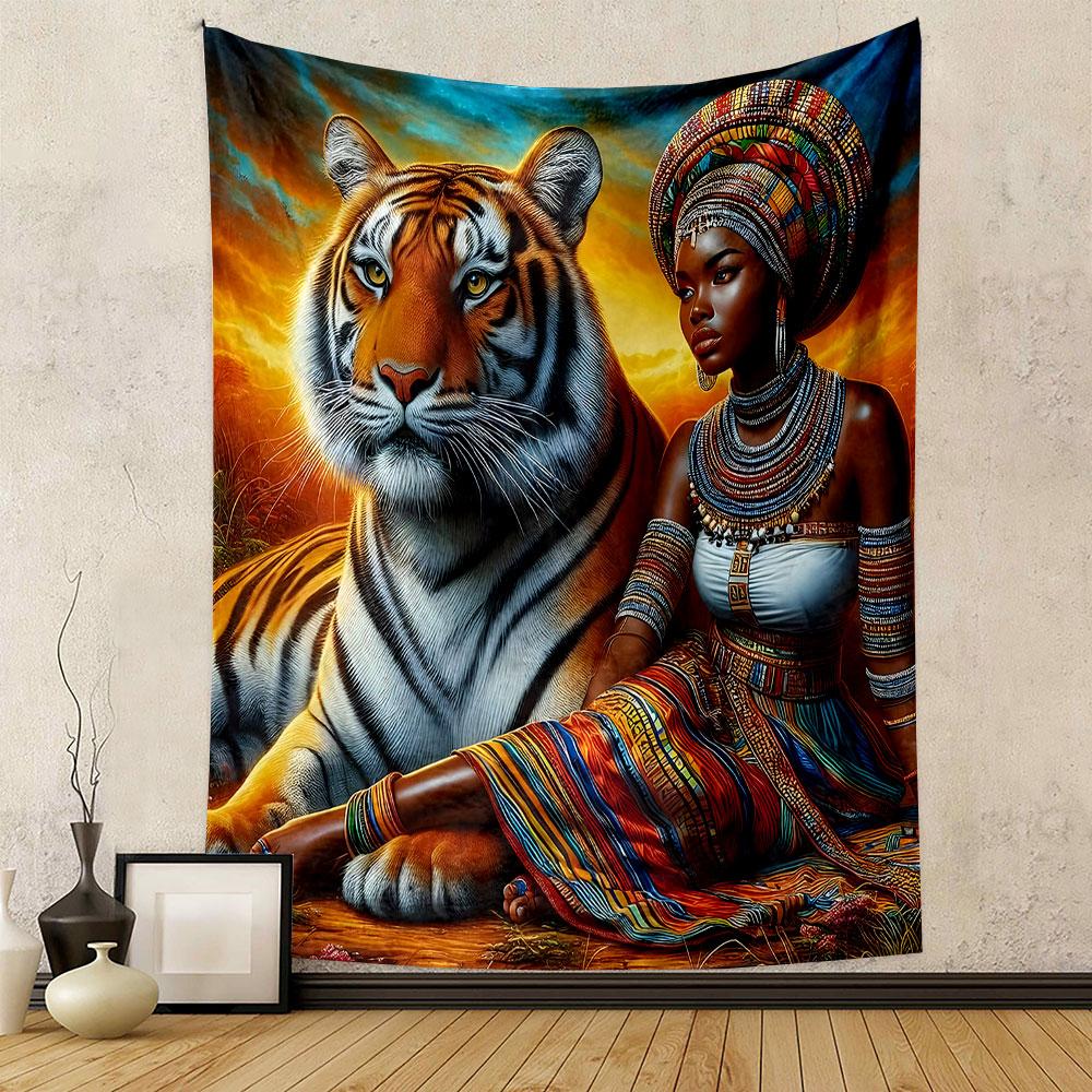 "Tribal Woman and Majestic Tiger Scene" Patterned tapestry home decor, suitable for bedroom and living room, gift