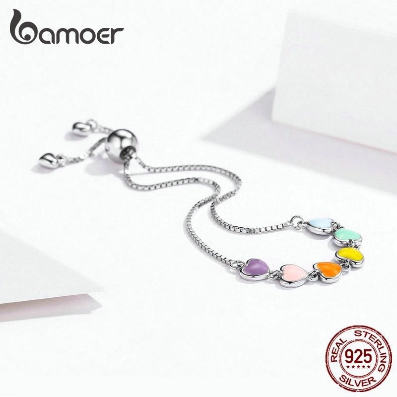 BAMOER Classic 925 Sterling Silver & Platinum Plated Rainbow Heart Adjustable Chain Bracelets