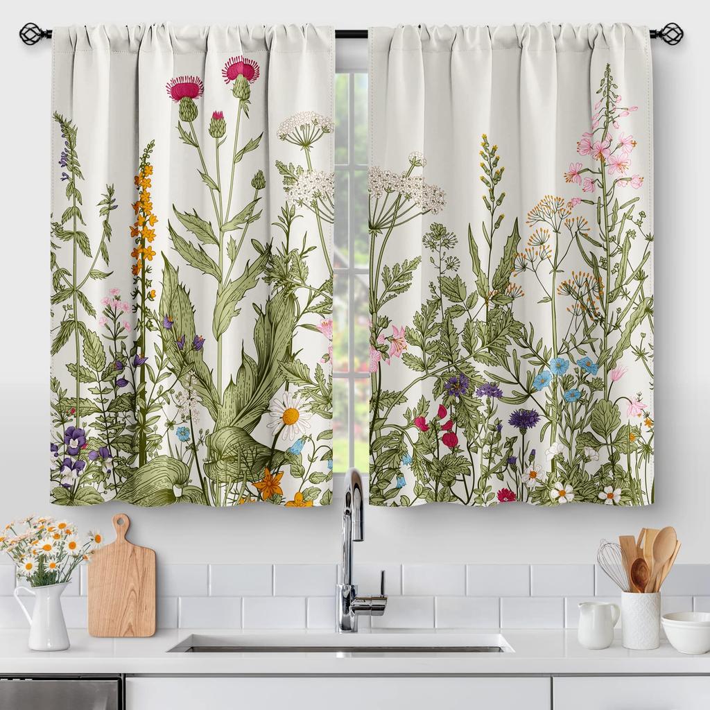 Floral Vintage Flower Kitchen Curtains Rustic Blue Tulip Farmhouse Short Cafe Tier Curtains Decor For Rod Pocket Window Drapes
