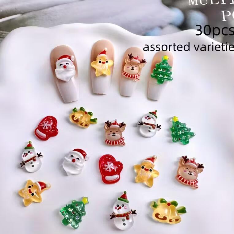 12Gird Kawaii Mini Snowman Xmas Tree Nail Charms 3D Reindeer Bell Santa Claus Nail Rhinestones Resin Christmas Nail Gems 30-60pc