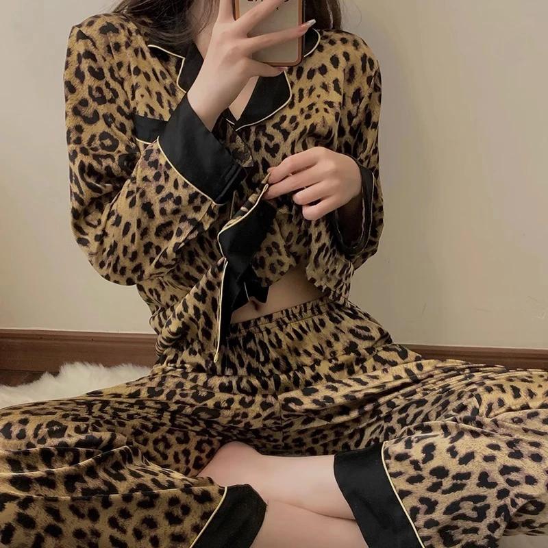 Europe & American Retro Leopard Women's Pajamas Elegant Trendy Print Lazy Fashion Sleepwear Summer 2pcs Casual Homewear
