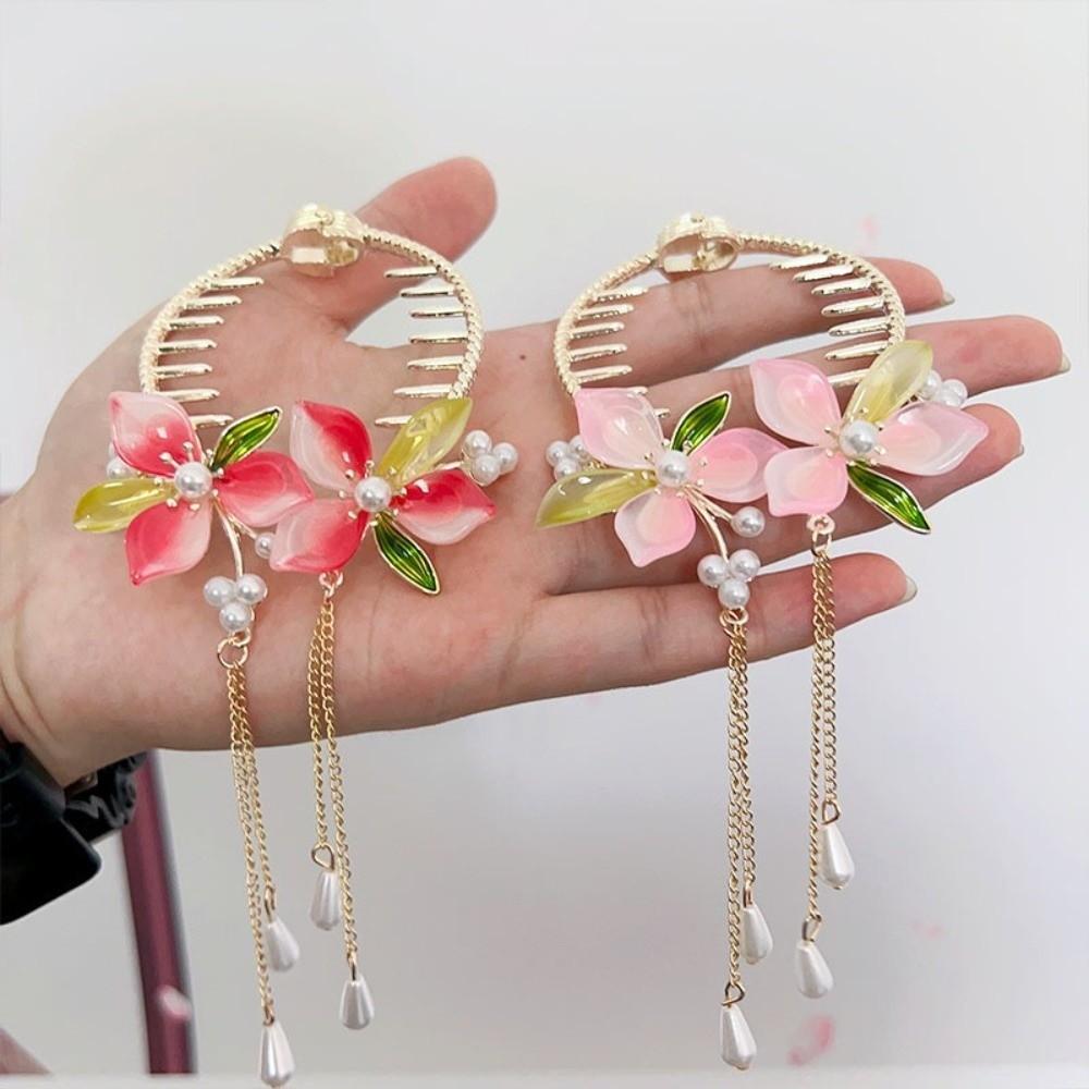 Pink Peach Blossom Bun Hairpin Imitation Pearl Round Bun Ponytail Holder Women Girls