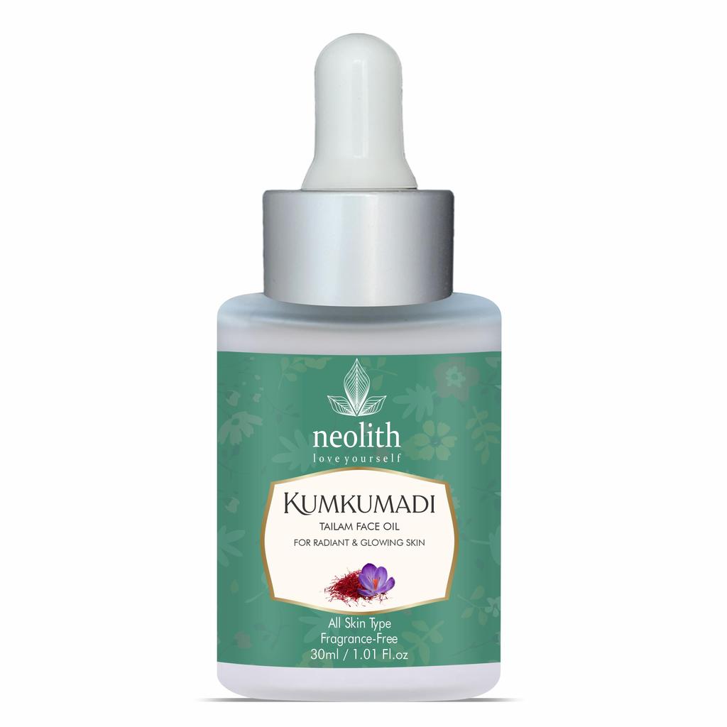 Neolith 100% органическое масло для лица Кумкумади, придающее сияние коже, с экстрактами шафрана, сандалового дерева, ветивера, куркумы и лотоса для тусклой кожи и темных пятен.