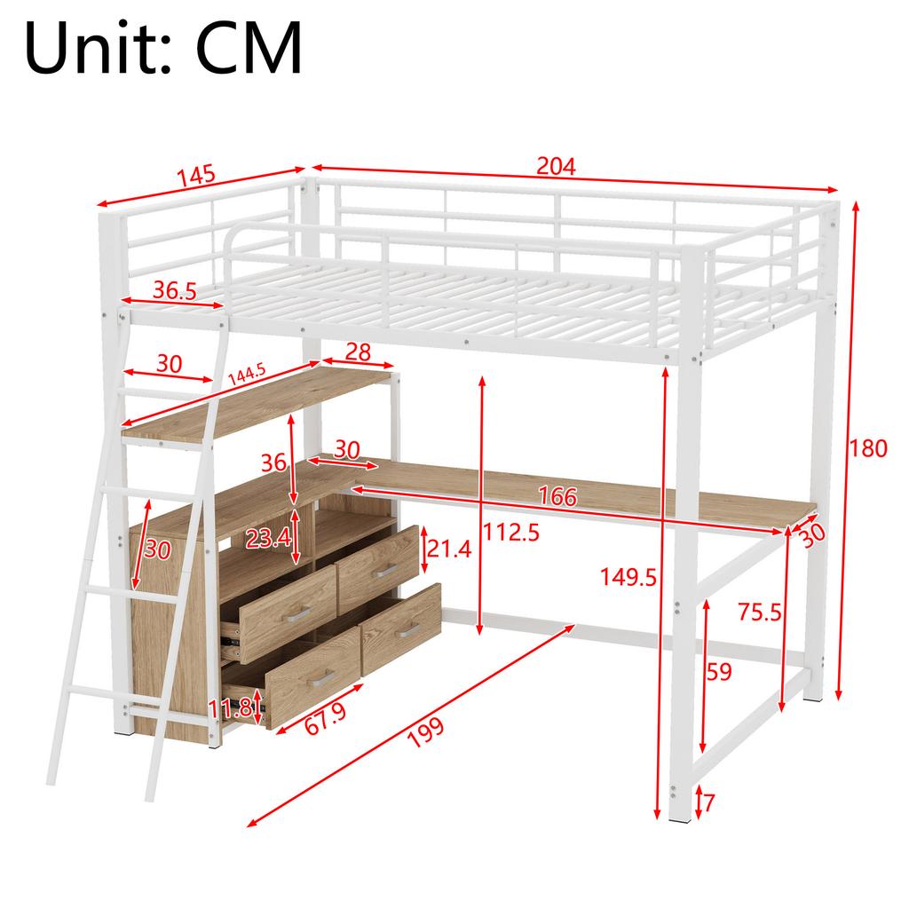 Loft Bed, 140*200cm, Iron Frame Bed, Practical Drawers, Stylish L-shaped Desk, Laminate Design, Without Mattress, White