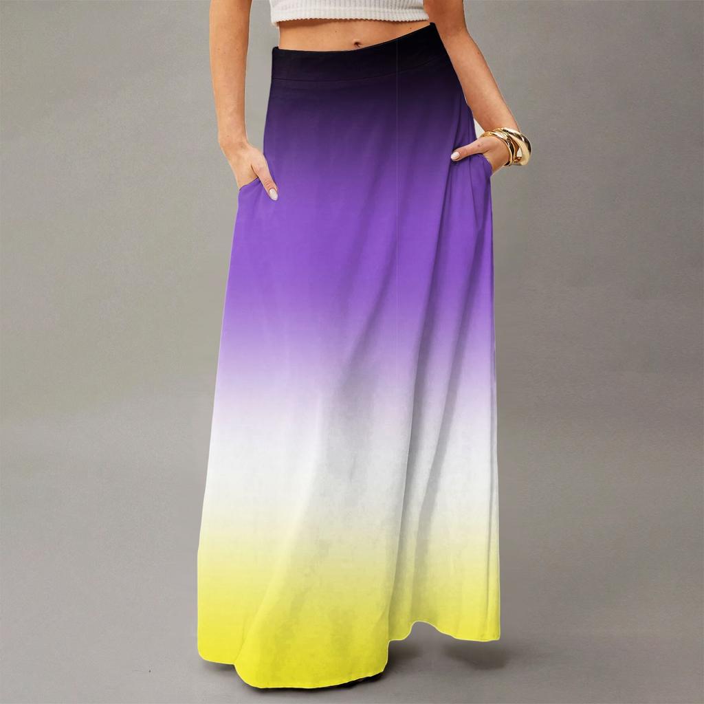 Women's Casual Leisure Foldable Gradient Print High Waist With Pocket Draped Relaxed Long Maxi Skirt