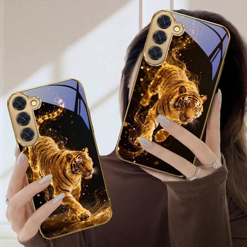 Фантазийный цветной тигр Для Samsung Galaxy S26 S20 FE S21 Ultra S23 Plus S24 Ultra S25 S21+ S22Plus S26+ Золотой стеклянный чехол для телефона