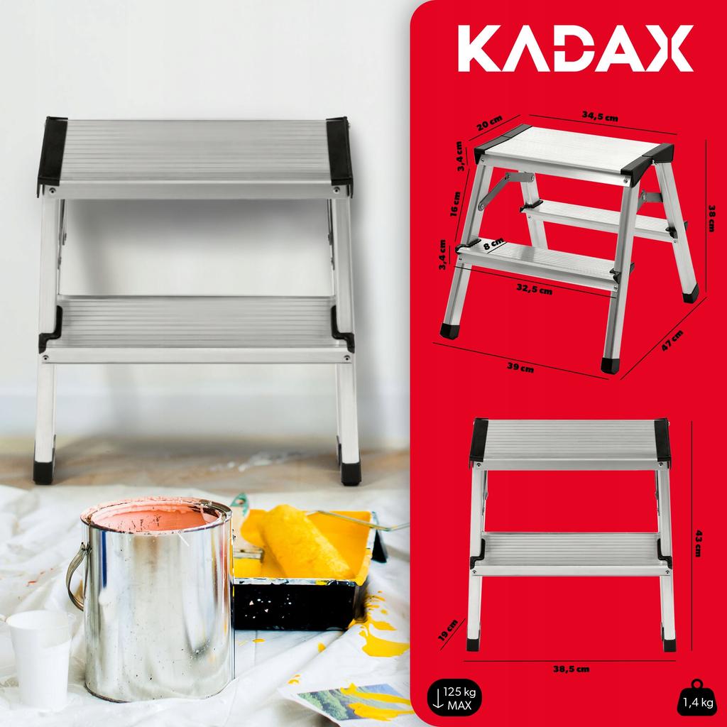 KADAX Алюминиевая складная лестница для дома с 2-3 ступеньками и платформой 125 кг. Польский продукт