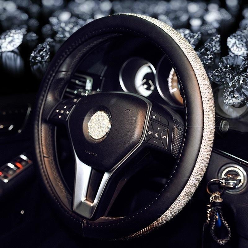 Сияющий алмазный автомобильный чехол на руль Универсальный 38 см из искусственной кожи с кристаллами противоскользящий автомобильный интерьер