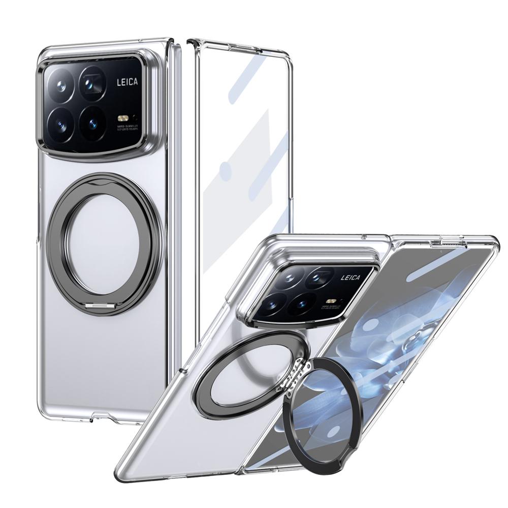 KEYSION Чехол-подставка с магнитным кольцом, вращающимся на 360°, для Xiaomi MIX Fold 4, прозрачная жесткая ПК-накладка для телефона со стеклянной защитной пленкой для экрана