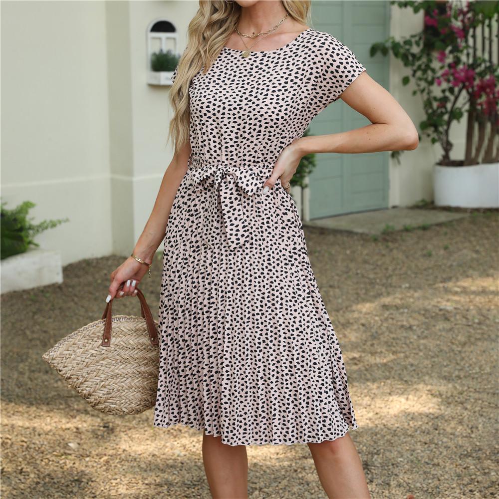 Женское леопардовое вишневое кружевное плиссированное платье весна-лето средней длины с коротким рукавом