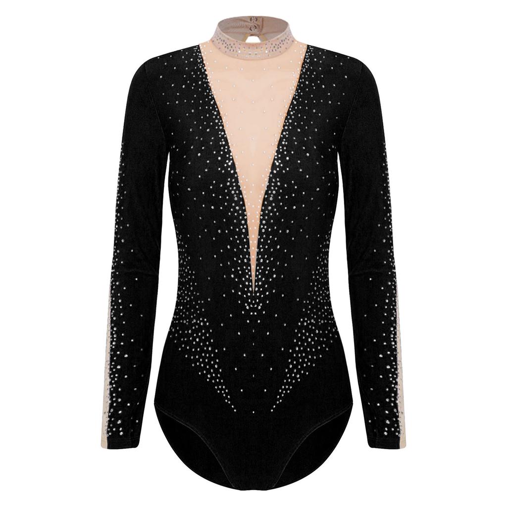 Womens Dance Leotard Glittery Rhinestones Keyhole Back Sheer Mesh Patchwork Long Sleeve Gymnastics Bodysuit
