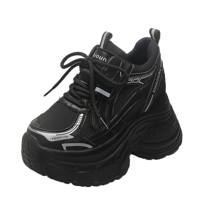 Мода 10 см Женские Осенние Дышащие Сетчатые Кроссовки из Микрофибры на Высокой Платформе и Танкетке Модные Женские Массивные Спортивные Кроссовки на Шнуровке в Стиле "Папа"