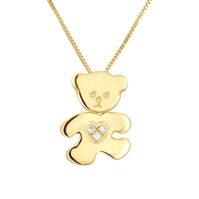Children's Pendant - LÉA &; ARTHUR - TEDDY BEAR WHITE HEART - 375 Yellow Gold - Zirconium Oxides - Quality Jewelry
