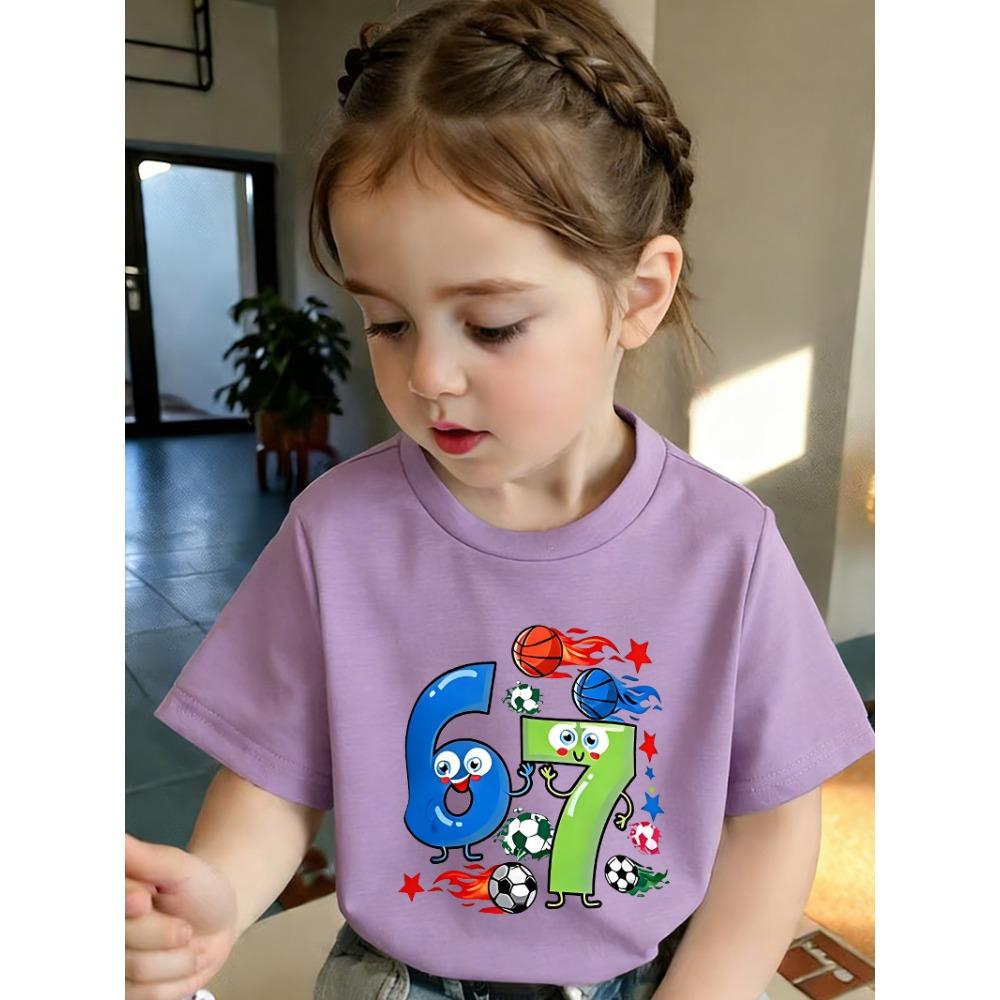 Kids T-Shirt 67 Number Basketball And Football Graphic Print Boy and Girl Tees Top Summer Short Sleeve Casual Outdoor Kids Clothing