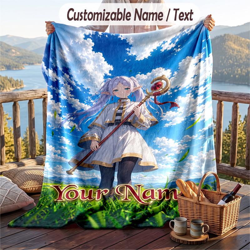 Custom Text Flannel Throw Blanket, Lightweight Cozy Bed Sofa BlanketFrieren Beyond Journey's End