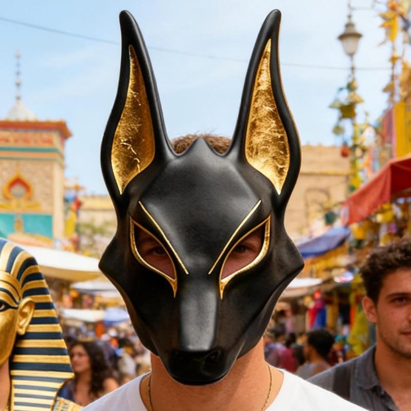 Egyptian Jackal Masque - Halloween Cosplay Props, Jackal Cosplay Masque, Hand Painted Faux Gold Masquerade Face Covering For Holiday Facial Covering