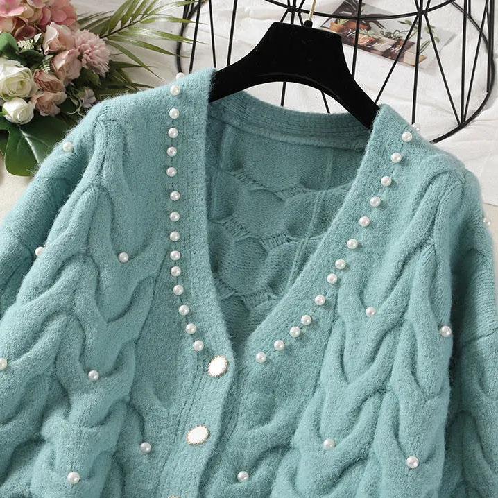 Женский вязаный кардиган Sweet Pearl с v-образным вырезом, женские осенние и зимние универсальные короткие вязаные топы