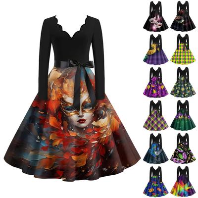 Женское повседневное модное платье с V-образным вырезом и длинным рукавом с принтом в винтажном стиле