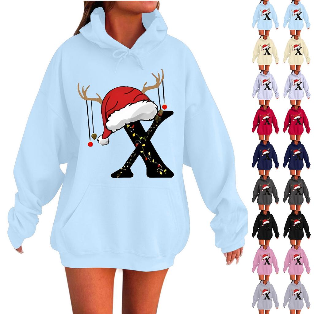 Ladies Fashion Casual Long Sleeve Printed Round Neck Hoodie Pullover Top With Pockets