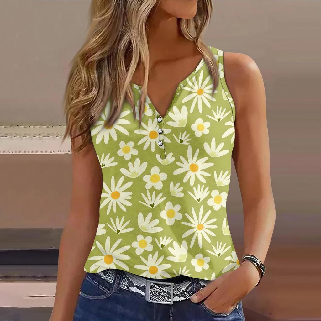 Women's Casual V Neck Printed Sleeveless Vest Tops Vest