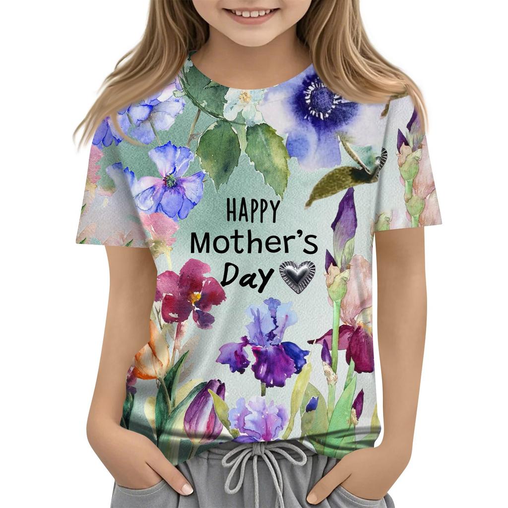 Children's Fashion Casual Short Sleeve Mother's Day Printed Round Neck T-Shirt Top