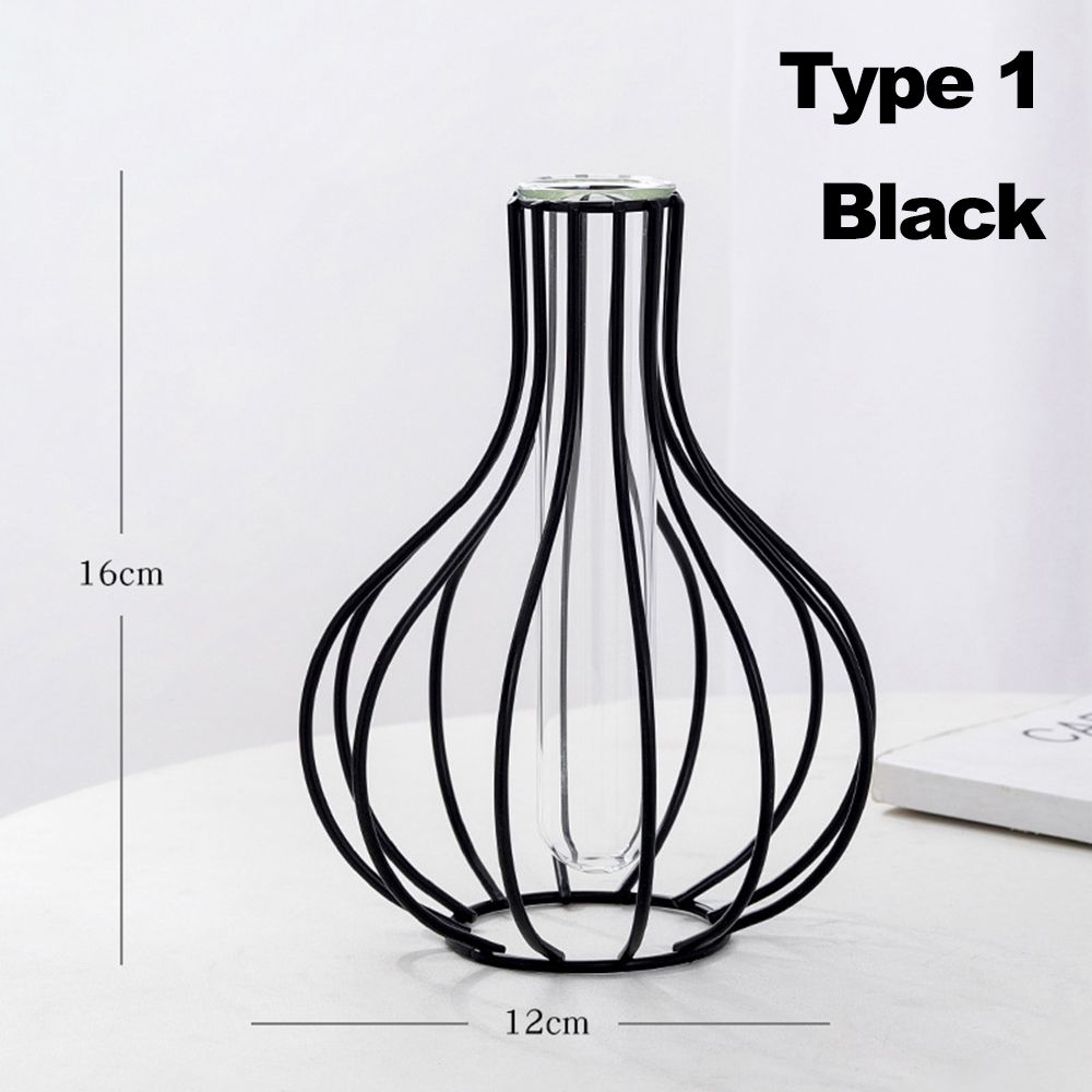 Nordic Styles Hydroponic Flower Vase Geometric Line Frame Iron Art Vase Glass Test Tube Metal Holder Home Decoration Craft Gift