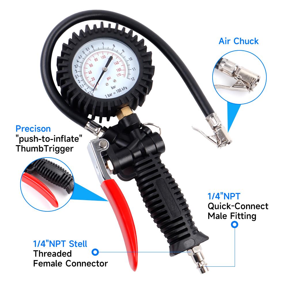 0-170Psi Tire Pressure Gauge, Oil-filled Tire Gauge, Shockproof, Accurate Vehicle Tester Inflation Monitoring, EU/US/JP Adapters