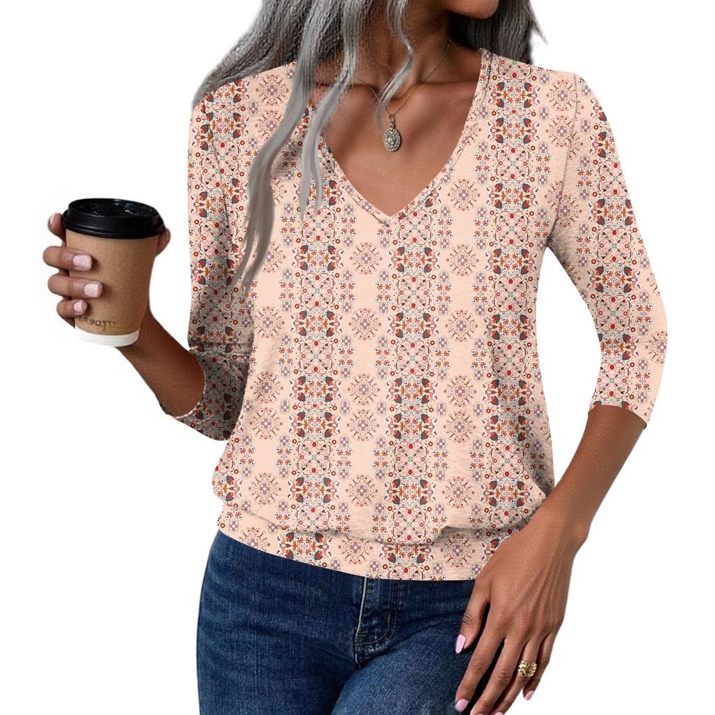 Women's Fashion Casual V-Neck Three-Quarter Sleeve Print Top