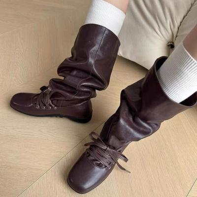 Модные ботфорты до середины бедра Осень Новые с круглым носком с рукавом на шнуровке спереди на мягкой подошве износостойкие на низком каблуке