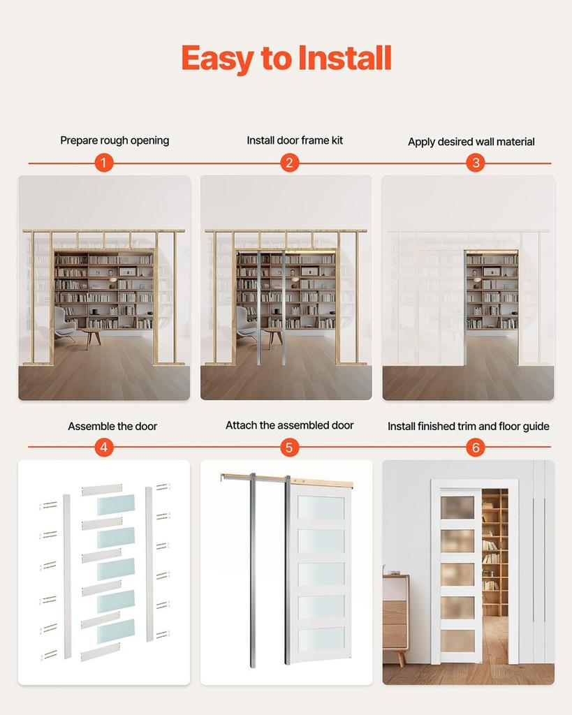 Sliding Pocket Door, 765 x 2035 mm, 5-Lite Frosted Glass Single Sliding Door with Hardware Kit, Sturdy Solid Wood & MDF Pocket Doors Slab with