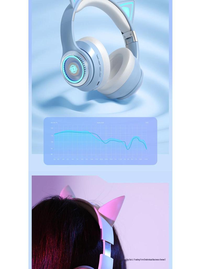 Светящиеся беспроводные Bluetooth накладные наушники с кошачьими ушками 2025 - Игровые и спортивные, Тяжелый бас, Совместимы с мобильными устройствами и ПК