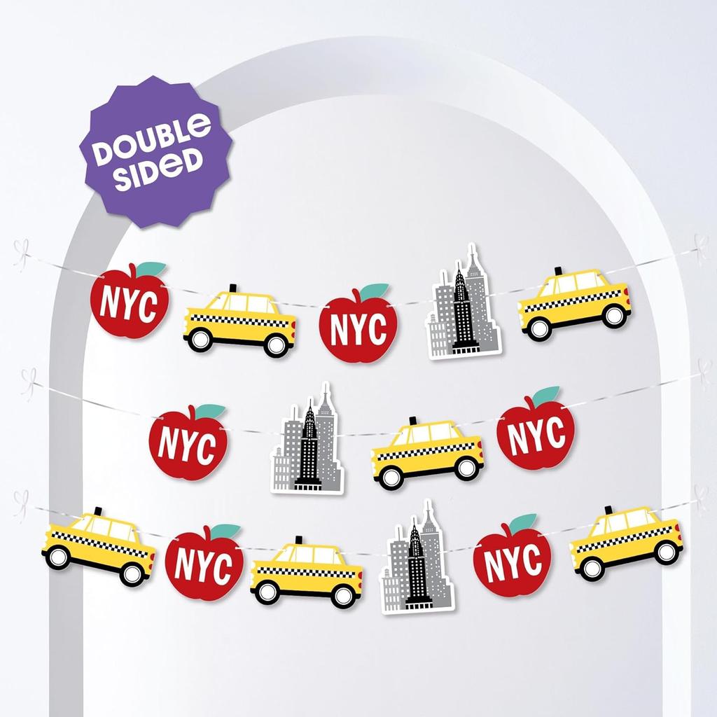 Big Dot of Happiness NYC Cityscape Garland Banner, New York City Party Decorations Banner, 30 Feet of Cord, 15 Double-Sided Big Apple, Taxi,