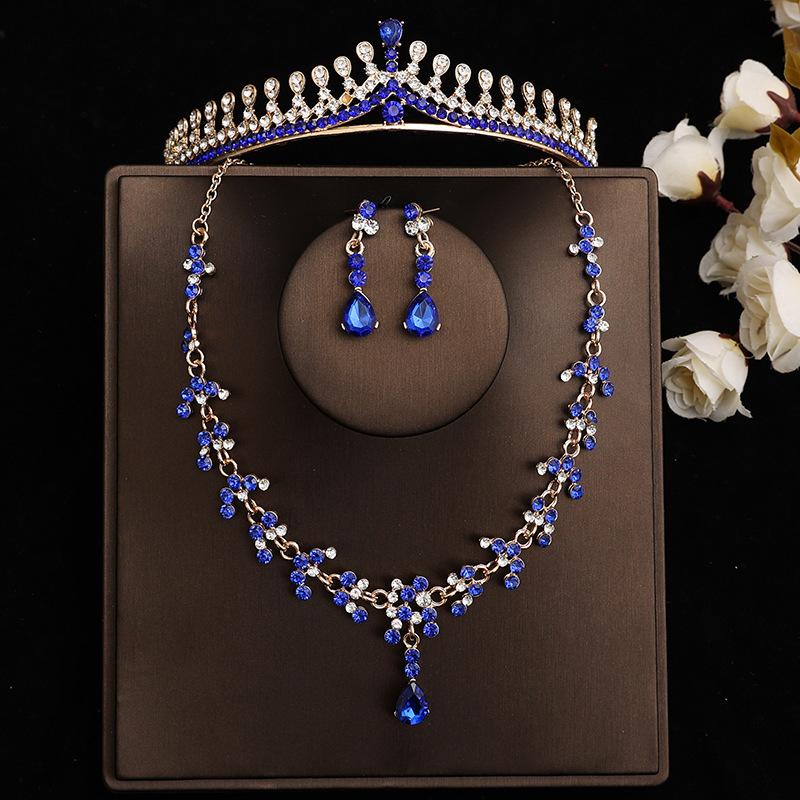 DIEZI Baroque Bridal Rhinestone Crown Tiaras For Women Wedding Princess Queen Blue Crystal Tiaras Necklace Earrings Jewelry Sets