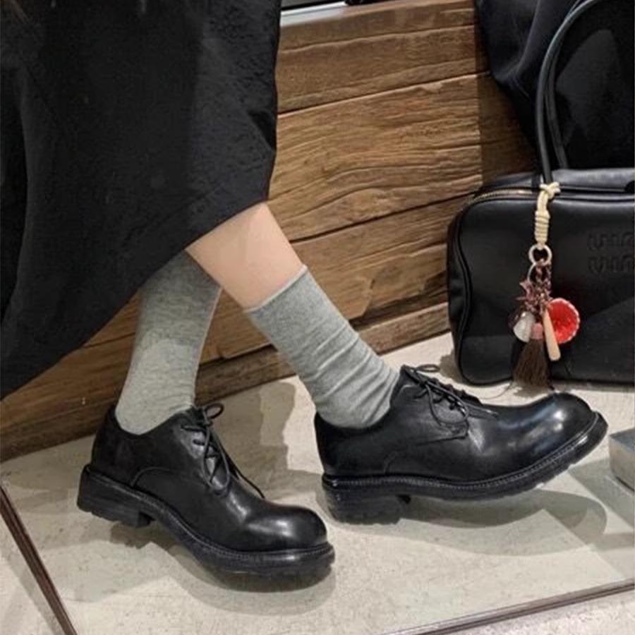 Вымытая лошадиная кожа~ Натуральная кожа ретро британские шнурованные маленькие кожаные туфли женские осенне-зимние новые лоферы дерби толстый каблук одинарные туфли