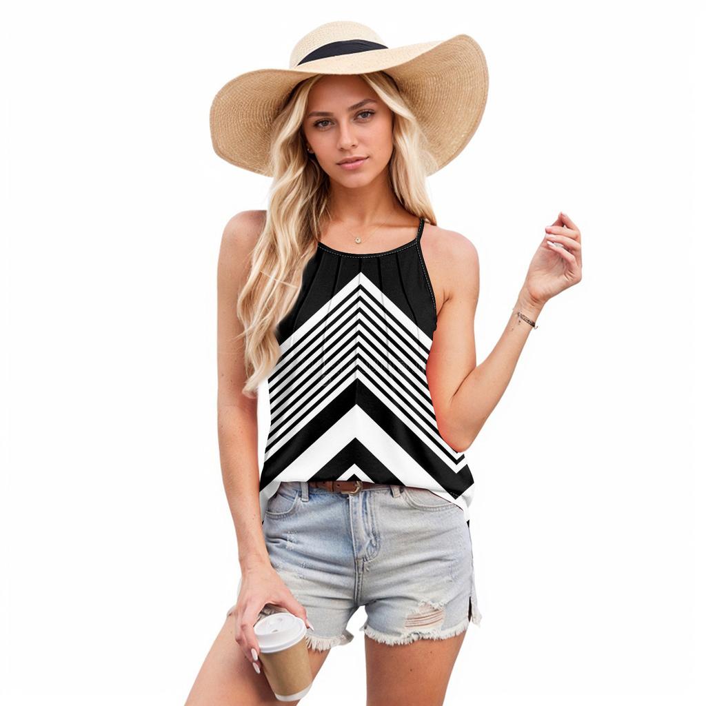 Женские летние майки-топы с плиссировкой и принтом O-образного выреза, повседневные майки-топы для женщин, свободные рубашки без рукавов