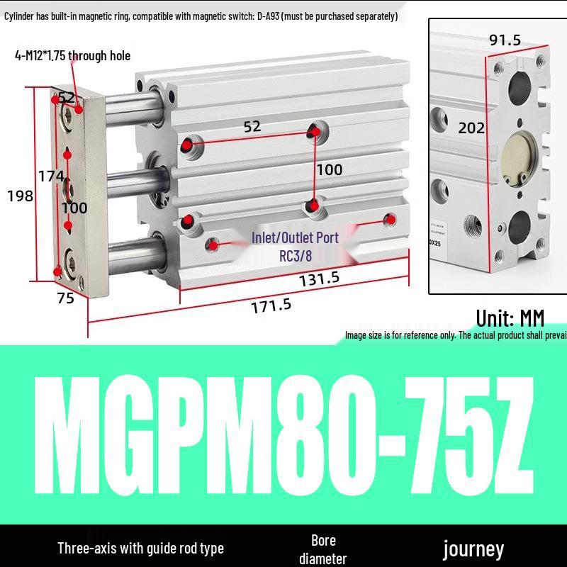 Compact Three-Axis Pneumatic Guided Rod Cylinder 12/16/20/25/32-10/20/40/50/75z