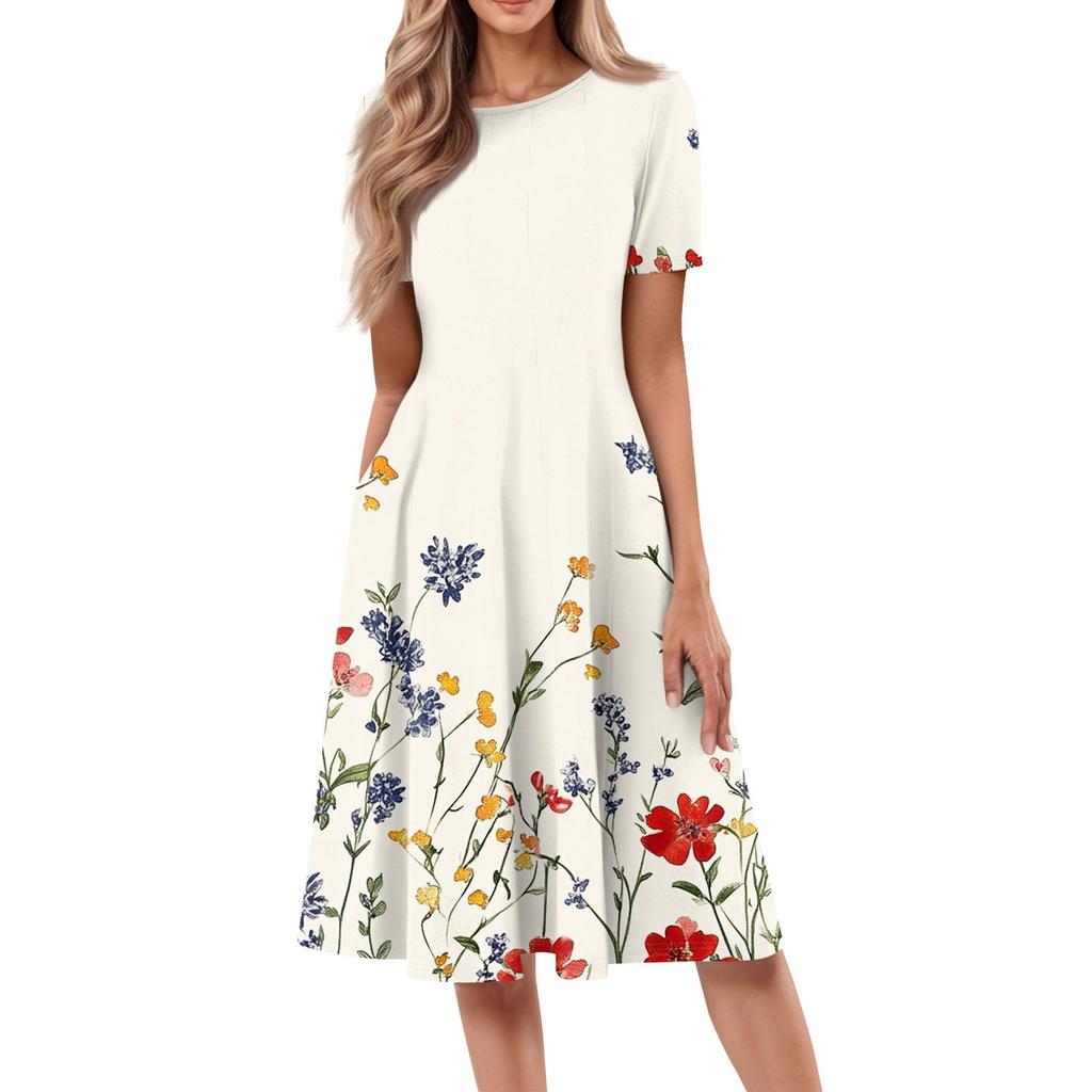 Women's Fashionable Print Round Neck Loose Short Sleeved Pocket Pullover Dress