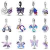 925 Silver Color Gem Butterfly Luminous Firefly Purple Charms Pendants Fit 925 Original Bracelets DIY Party Jewelry Gift